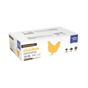 A white box labeled “Healthy Paws Big Box Chicken 16x1lb,” designed for pet food, features the signature Healthy Paws chicken branding with a yellow chicken silhouette. The packaging clearly displays icons indicating 16 one-pound packs, includes feeding guidelines, and prominently showcases the Healthy Paws brand.