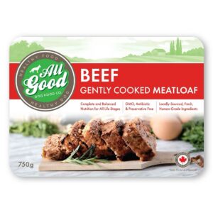 A package of All Good Gently Cooked Meatloaf Beef 1.5 lb dog food displayed with tender beef meatloaf slices on a cutting board, garnished with herbs, and a red, white, and green label highlighting product details and certifications.