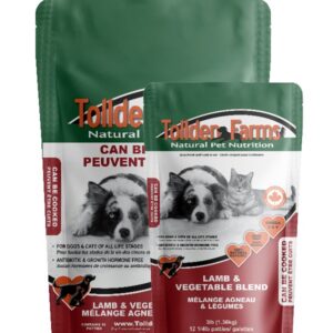 Two bags of Tollden Farms Lamb & Vegetable 3 lbs pet food, featuring images of a dog and cat. The green and red packaging highlights product details, natural pet nutrition branding, and emphasizes the quality of Tollden Farms raw food—making it a trusted choice for wholesome nutrition.