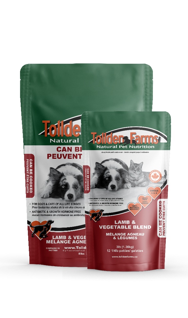 Two bags of Tollden Farms Lamb & Vegetable 3 lbs pet food, featuring images of a dog and cat. The green and red packaging highlights product details, natural pet nutrition branding, and emphasizes the quality of Tollden Farms raw food—making it a trusted choice for wholesome nutrition.