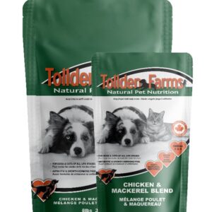 Two green Tollden Farms Chicken & Mackerel pet food bags, one large and one small, featuring images of a dog and a cat and labeled “Natural Pet Nutrition.”.
