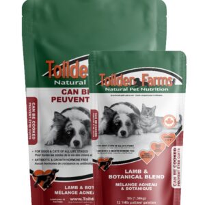 Two bags of Tollden Farms Lamb & Botanical 8 lbs pet food in red and green packaging feature images of a dog and cat. The label highlights natural ingredients and suitability for all life stages.