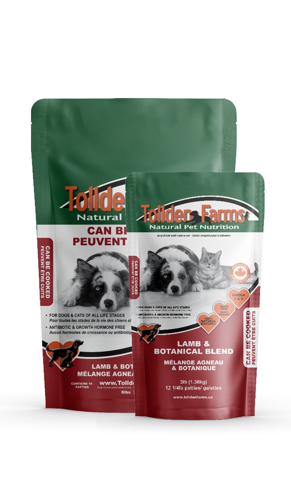 Two bags of Tollden Farms Lamb & Botanical 8 lbs pet food in red and green packaging feature images of a dog and cat. The label highlights natural ingredients and suitability for all life stages.