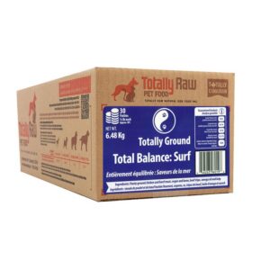 A cardboard box labeled “Totally Raw Pet Food” with a blue panel that reads “Totally Raw Surf Patty 15lbs.” The packaging displays nutrition details, indicates a weight of 6.48 kg (15 lbs), includes information about 30 patties, and features a dog silhouette.