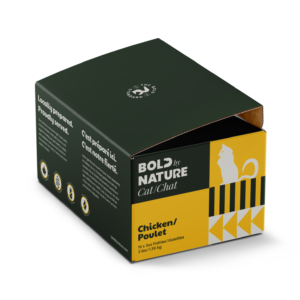 A box of Bold Nature Chicken for Cat 3lbs, featuring a yellow and black design with a white cat silhouette and product details on the side.