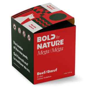 A red and black box labeled “Bold Nature Mega Beef 4 lbs” contains beef patties and features a wolf graphic, bilingual English and French text, and promotional messages.
