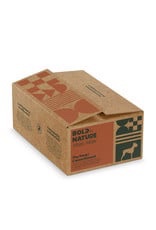 A cardboard box labeled “Bold Nature Mega Non Chicken Variety 24lbs,” featuring earthy tones, abstract geometric patterns, and a small dog silhouette on one side.