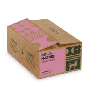 A brown cardboard box labeled “Bold Nature Mega Pork 24lbs” featuring a pink panel with a dog illustration and the word “Pork.” The box is decorated with geometric patterns and displays eco-friendly markings.