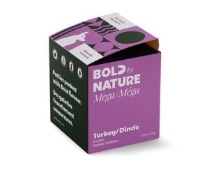 A purple and black box labeled “Bold Nature Mega Turkey 4 lbs” pet food, featuring white text, graphics of a dog and cat, and ingredient highlights on the side.