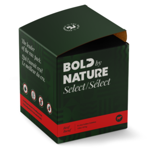 A dark green and red box labeled “Bold Nature Select Beef 4 lbs,” featuring a beef icon. The packaging emphasizes quality and leadership in raw food, with the box slightly open to reveal a brown inner flap.