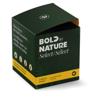 A green and yellow box labeled “Bold by Nature Select Chicken 4 lbs,” with text in English and French, product icons, and a chicken symbol.