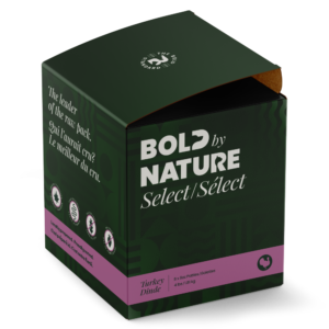 A green and purple box labeled “Bold Nature Select Turkey 4 lbs” with white icons, partially opened, on a white background.