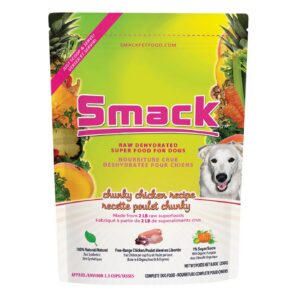 A vibrant 250g bag of Smack Chunky Chicken for Dog, featuring a chunky chicken recipe and colorful images of fruits, vegetables, and a happy white dog. The packaging highlights this dog food as raw, dehydrated superfood with prominent nutritional benefits.
