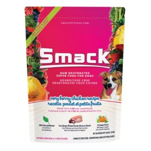 A vibrant 2.5kg Smack Very Berry Chicken for Dog bag features colorful images of fruits, vegetables, and a cheerful dog. The packaging showcases the “very berry chicken recipe” and emphasizes natural ingredients, low sugar content, and free-range chicken—everything you’d want in Smack Very Berry Chicken for your dog’s health.