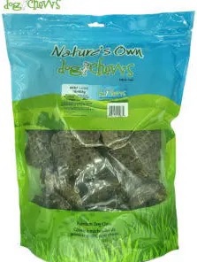A blue and green bag labeled “Nature’s Own Beef Lung 454g” contains beef lung treats for dogs, with a clear section showing the brown treats inside.