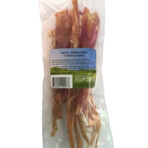 A clear bag of Natures Own Beef Tendons with a blue and green label, containing several long, thin, dried tendons.