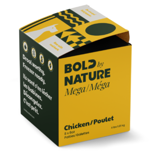 A yellow and black box of Bold Nature Mega Chicken 4 lbs dog food, featuring text in English and French and simple dog graphics on the packaging.