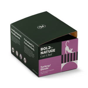 A 3lb box of Bold Nature Turkey for Cat, featuring a purple and black design with a cat illustration, product details, and bilingual text in English and French.