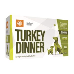 Box of Big Country Raw Turkey Dinner 4x1lb for pets, featuring a graphic of two geometric dogs and text indicating it is a complete and balanced meal.