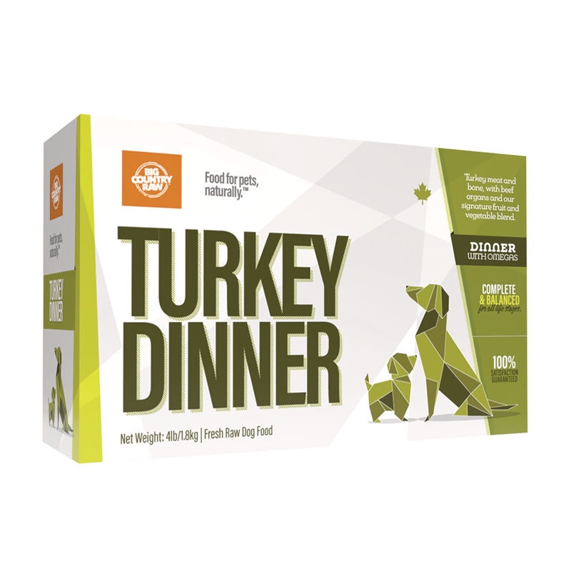 Box of Big Country Raw Turkey Dinner 4x1lb for pets, featuring a graphic of two geometric dogs and text indicating it is a complete and balanced meal.