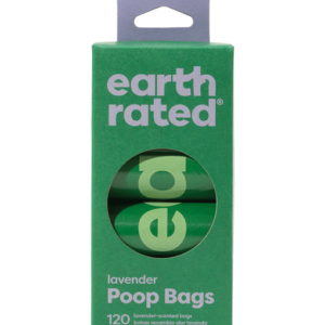 Green cardboard box of Earth Rated Unscented Poop Bags 120 ct, with a cutout window showing the rolls of waste bags inside.