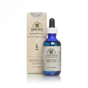 A 60ml blue glass Adored Beast Liver Tonic dropper bottle with a label, standing next to its matching beige cardboard box.