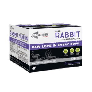 A box of Iron Will Raw Basic Rabbit 6 lb pet food containing six individual pouches, with product information and ingredient highlights printed on the side and front.