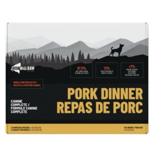 Box of Iron Will Raw Canine Pork Dinner 6lbs dog food featuring a mountain landscape graphic, nutritional percentage details, and “Pork Dinner” written in large yellow letters.