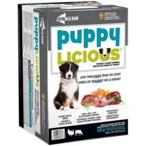 A box of Iron Will Raw Puppylicious Turkey & Beef 12 lbs featuring a black and white puppy, raw meat, and vegetables.
