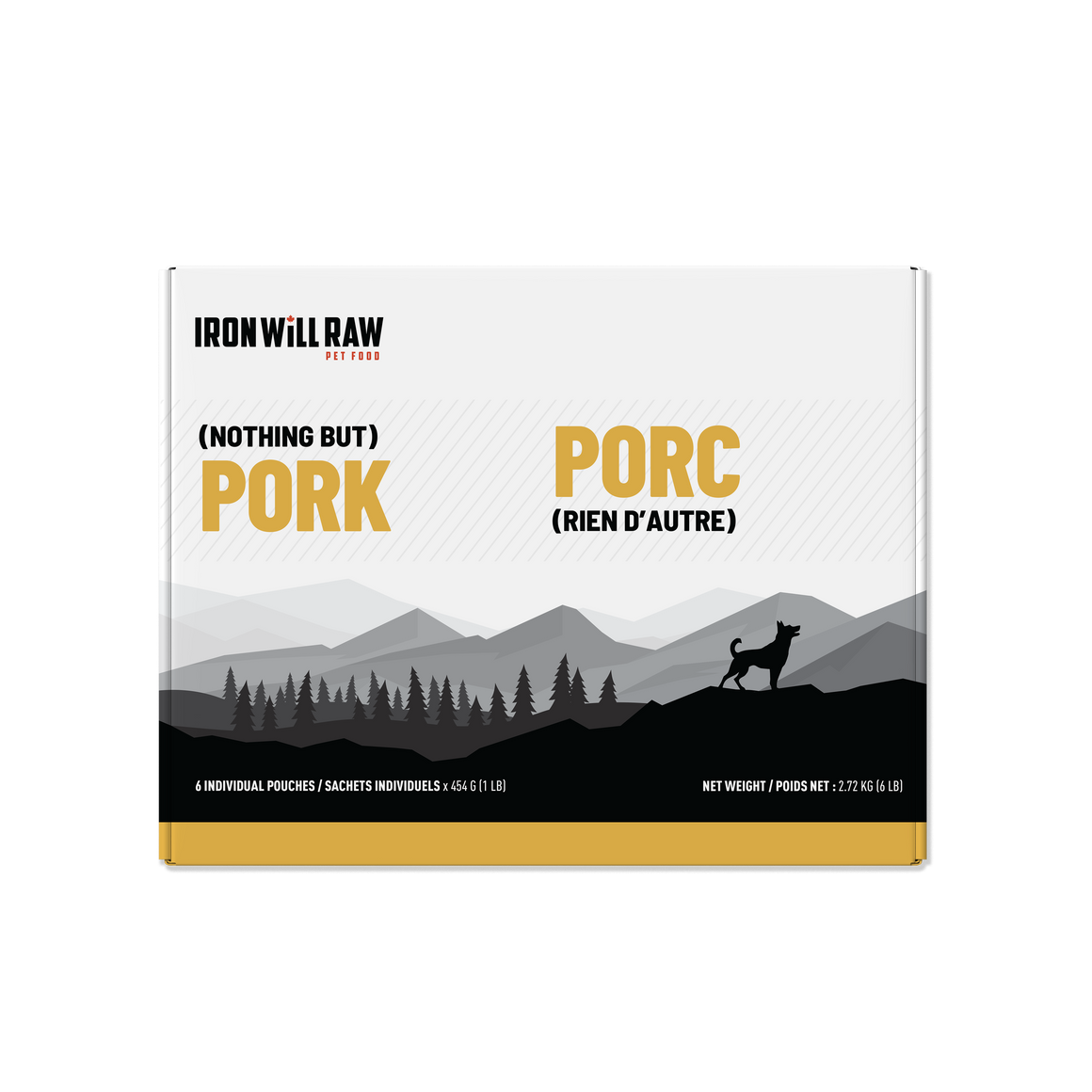 A square box of Iron will Raw Basic Pork 6 lb pet food featuring a landscape illustration of mountains and a dog, labeled โPorkโ and โPorcโ in English and French.