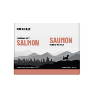 Iron Will Raw Basic Salmon 4 lb box featuring a graphic of a dog overlooking a mountain range.