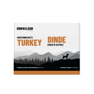 Iron Will Raw Basic Turkey 6 lb box featuring a landscape illustration of a dog on a mountain range, labeled “Turkey” and “Dinde.”
