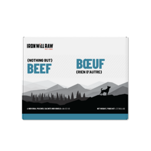 Iron Will Raw Beef Basic 6 lb box of raw pet food featuring a mountain landscape graphic with a dog silhouette and the text “Nothing But Beef” in English and French.