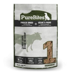 A bag of Purebites Beef Liver 250g freeze-dried dog treats with a window showing the square-shaped meat pieces.