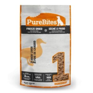 A pouch of Purebites Duck Liver 74g freeze-dried dog treats featuring a duck silhouette and a large cutout window showing the contents.