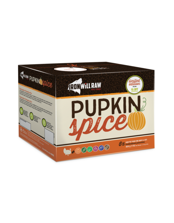 The image shows a package of Iron Will Raw "Pupkin Spice" dog food. It features fall-themed colors and a pumpkin illustration. The box offers a limited edition and a discount of $3 off.