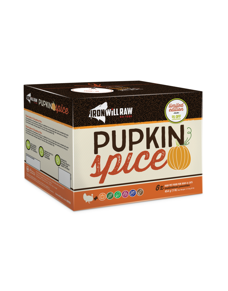 The image shows a package of Iron Will Raw "Pupkin Spice" dog food. It features fall-themed colors and a pumpkin illustration. The box offers a limited edition and a discount of $3 off.