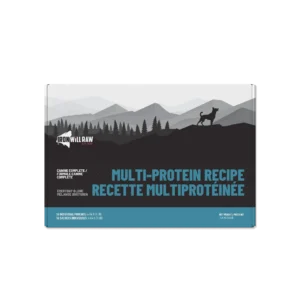 Iron Will Raw Multi-Protein Recipe dog food box with a silhouette of a dog in a mountain landscape.