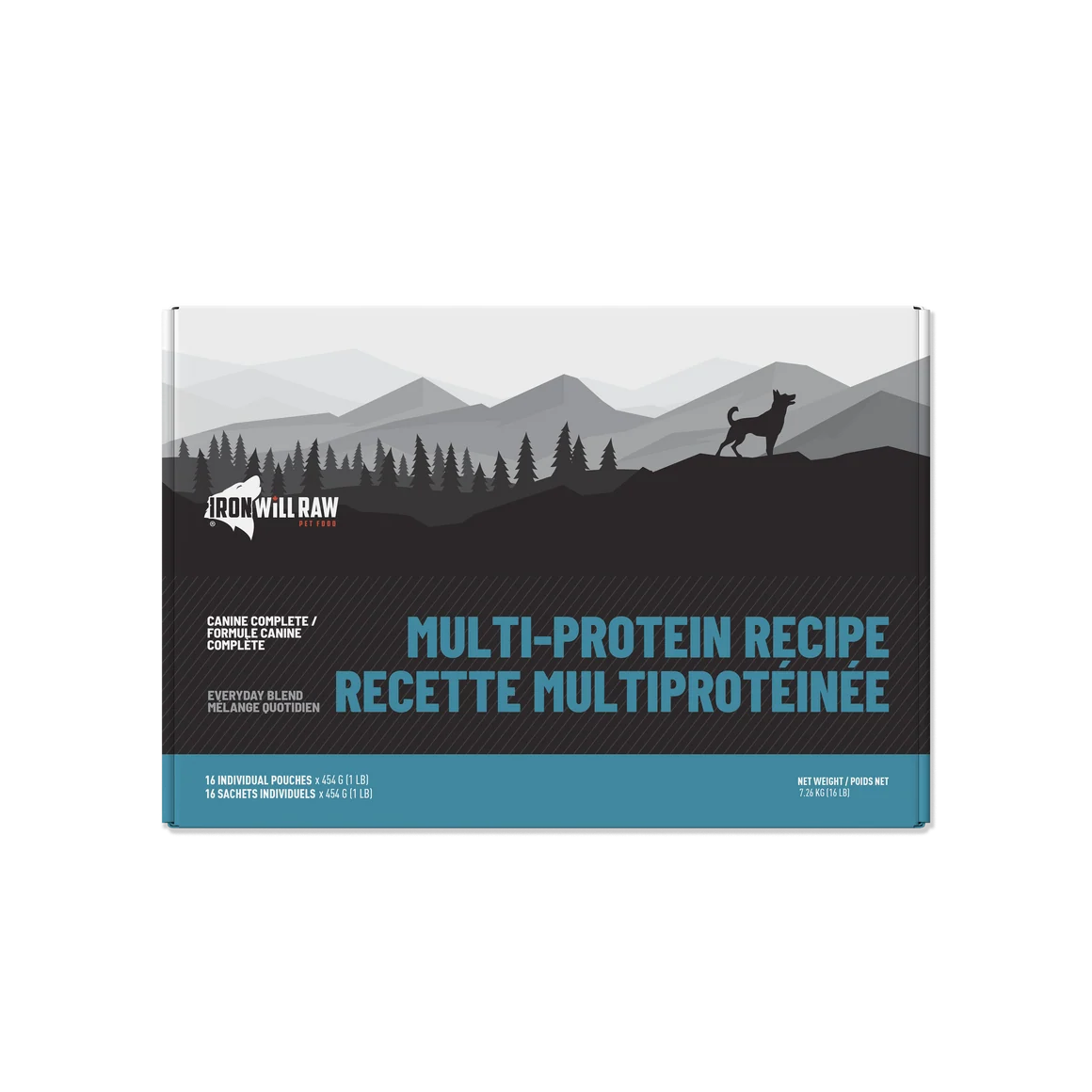 Iron Will Raw Multi-Protein Recipe dog food box with a silhouette of a dog in a mountain landscape.