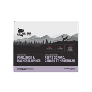 A 3 lb box of Iron WILL Raw Feline Complete Pork, Duck, Mackerel Dinner featuring a mountain landscape, labeling it as 93% meat, 6% fruits and vegetables, and less than 1% supplements.