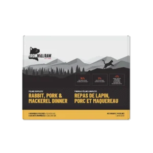 Iron Will Raw Feline Complete Rabbit, Pork, Mackerel Dinner 3 lbs box featuring a mountain landscape illustration and nutritional breakdown percentages.