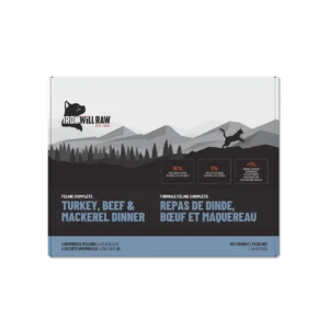 Box of Iron Will Feline Complete Turkey, Beef, Mackerel Dinner 3 lbs featuring a mountain landscape, a cat silhouette, the product name in English and French, and nutritional composition percentages.
