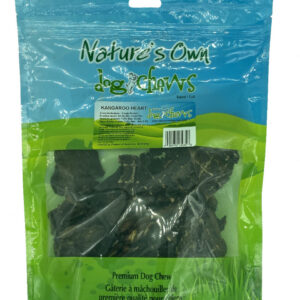 A green and blue resealable bag labeled “Nature’s Own Dog Chews Kangaroo Lung 227g” contains dried kangaroo lung treats for dogs. The front label displays product information in both English and French.