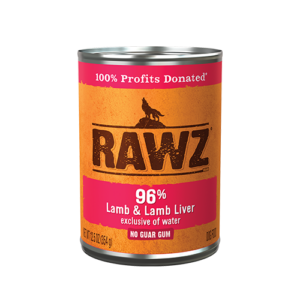 A can of RAWZ wet pet food featuring a rustic design. The label reads "96% Lamb & Lamb Liver exclusive of water" and "NO GUAR GUM." It also states "100% Profits Donated." The can is 13.2 oz (374 g).