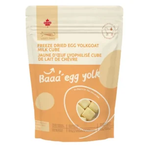 A beige package of Loopy Paws Freeze Dried Egg Yolk Goat Milk Cube treats for dogs and cats, featuring product images and text in English and French.