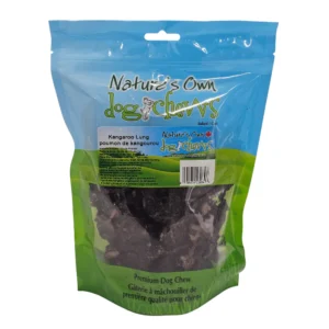 A resealable bag of Nature’s Own Dog Chews containing kangaroo lung treats for dogs. The packaging is blue and green with a clear window showing the dried chews inside.