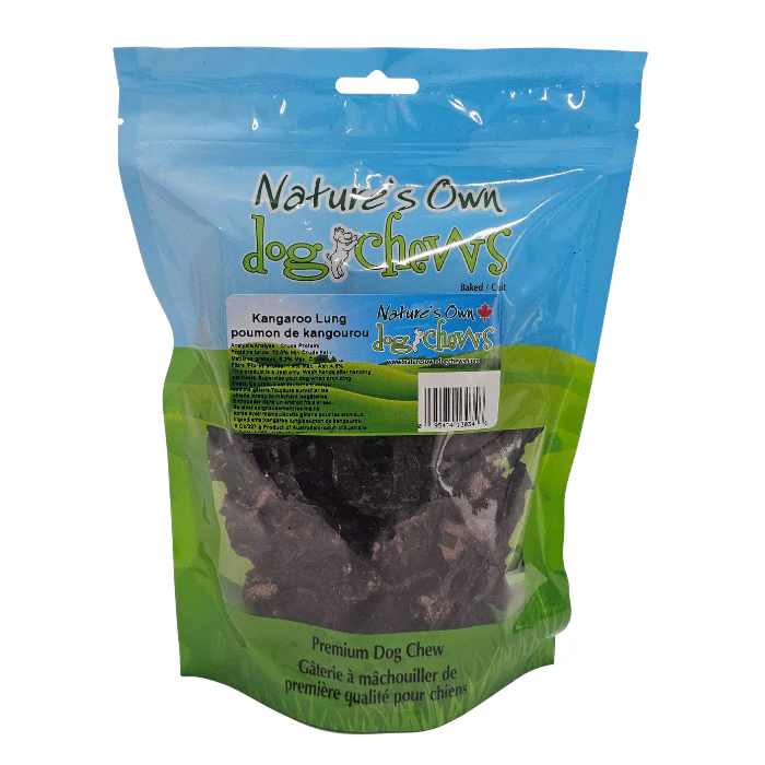 A resealable bag of Nature’s Own Dog Chews containing kangaroo lung treats for dogs. The packaging is blue and green with a clear window showing the dried chews inside.