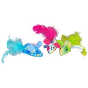 Three colorful mouse-shaped cat toys with feather tails and patterned fabric bodies in blue, pink, and green hues, each with a fabric tag attached.