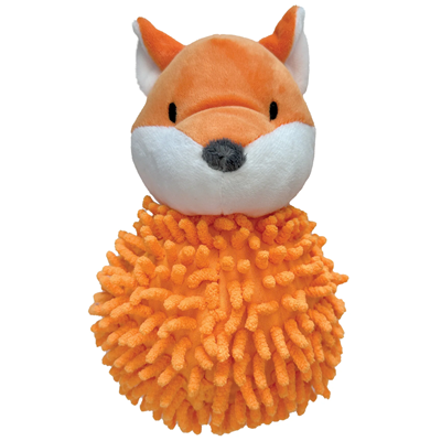 A plush toy shaped like a fox with an orange head, white cheeks, black nose, and fluffy textured orange body made of soft, chenille-like fabric.