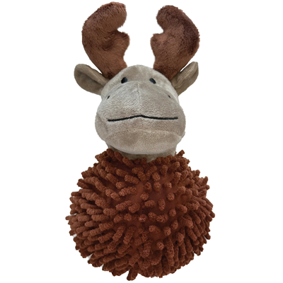 A plush toy shaped like a moose with brown antlers, a beige face, and a round, textured, shaggy brown body.